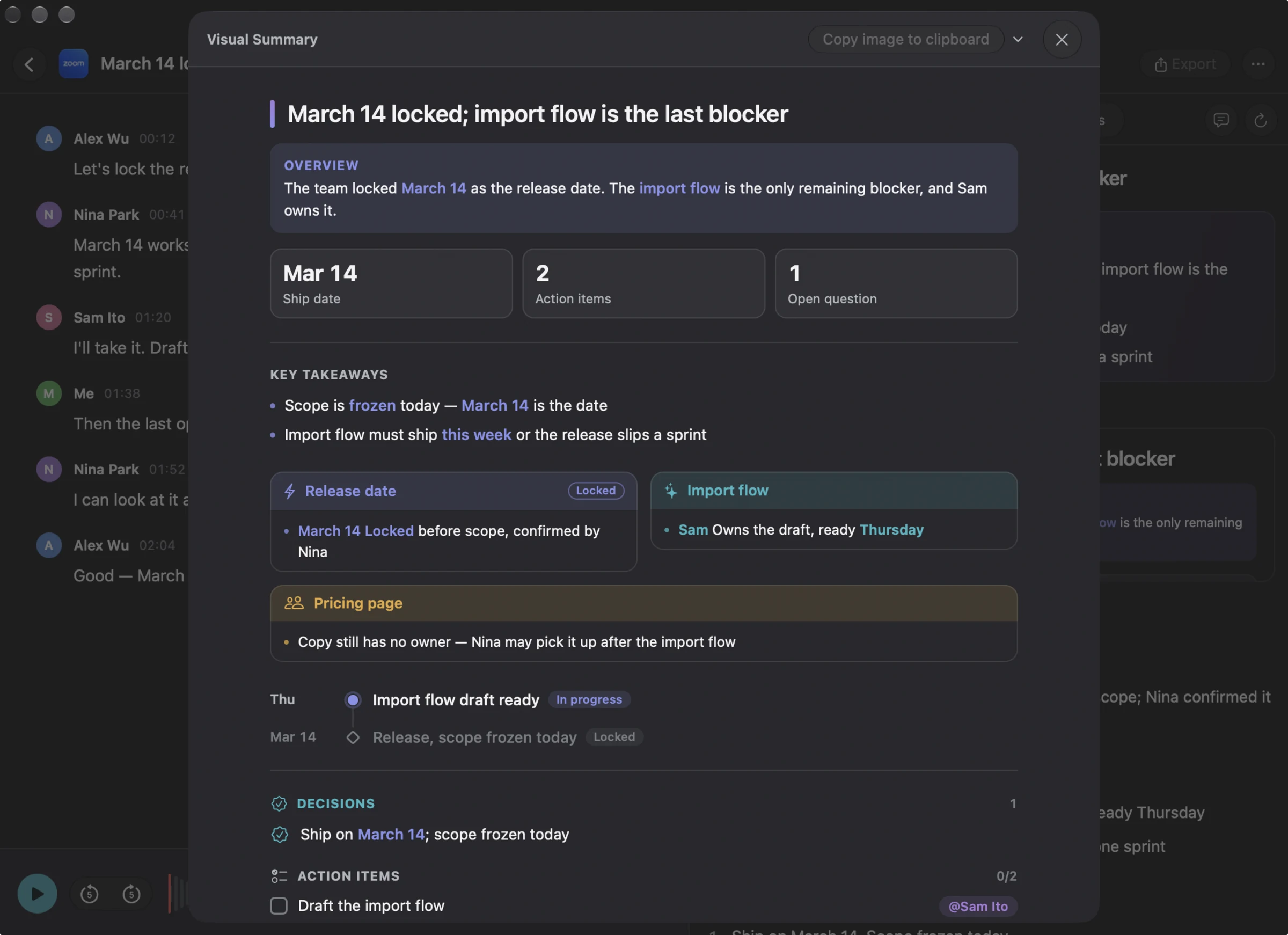 MeetKeep visual summary: ship date, action items, open questions and a timeline on one page
