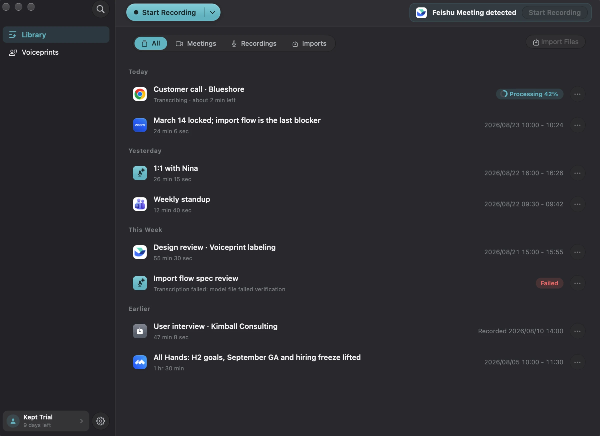 MeetKeep meeting library with a detected meeting offering to start recording